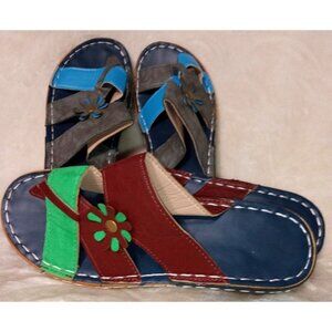 Two Pairs Multicolor Leather Sandals With Flower Detail - Women's Summer Slip-